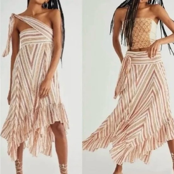 ✨Free People FP One Giselle Tie Waist Handkerchief Hem Skirt Ivory Stripe Combo - Picture 1 of 9